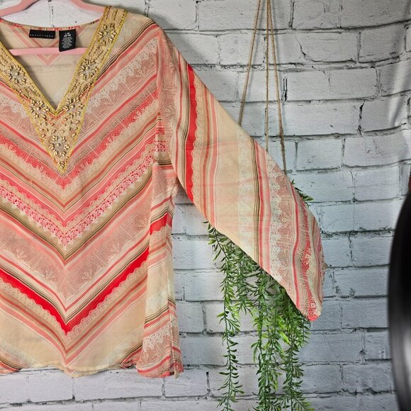 APOSTROPHE SEMI SHEER TUNIC VNECK WITH BEADS LONG SLEEVE WOMENS SIZE LARGE - Picture 3 of 7